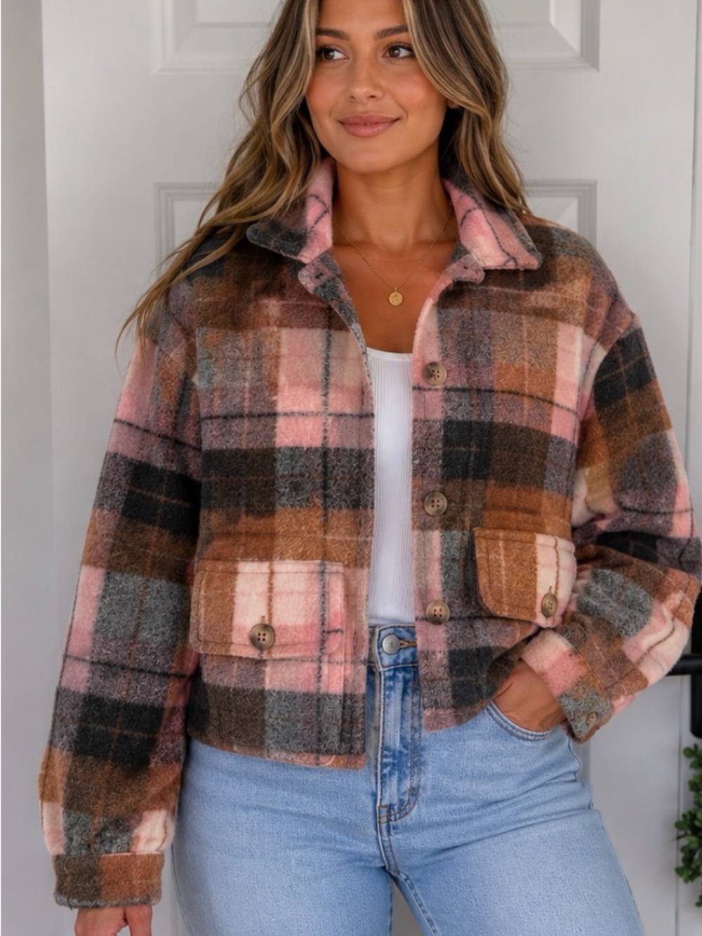 Anthro Saltwater Luxe Plaid Cropped Shacket in Pink, Brown & Gray
